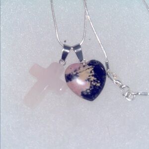 Boho hippie Rose Quartz Crystal Cross & Rhodonite heart Sterling Silver …